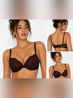 La Senza 34DD Black Red Lace Underwire Bra Romantic Pin Up Lingerie USED